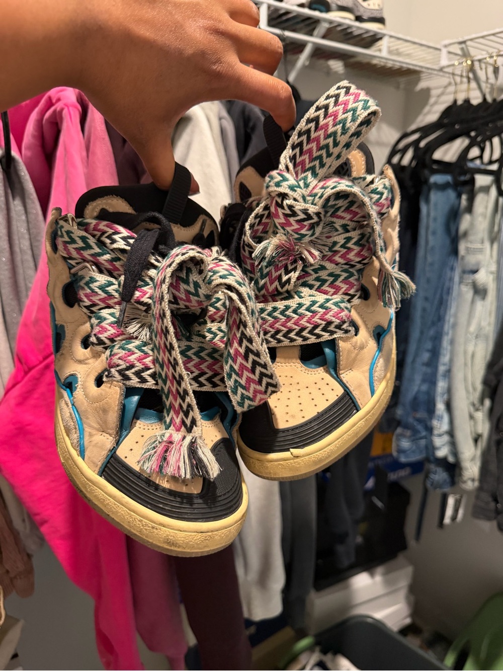 Lanvin Beige and Black Kids High-Top Sneakers with Multicolor Laces